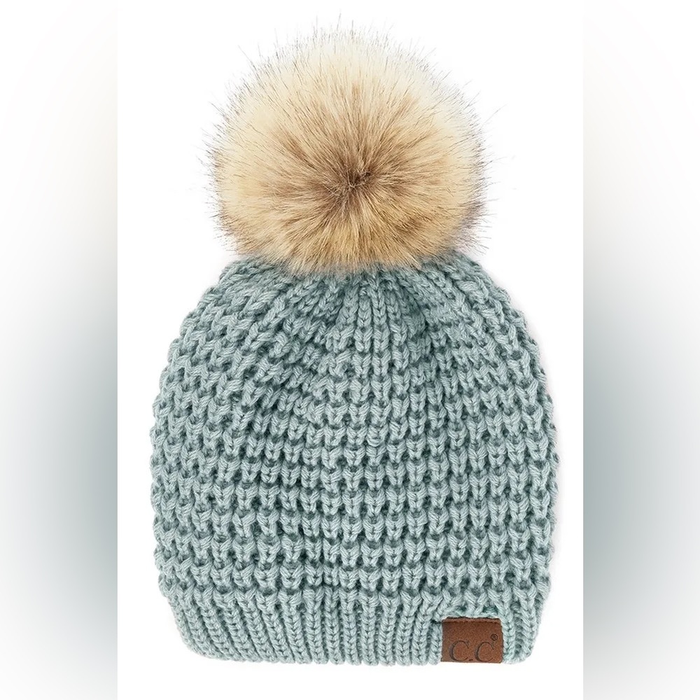 C.C Waffle Stitch Pattern Pom Beanie, Mint